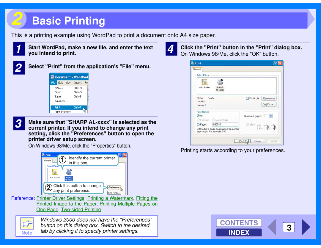 Sharp AL-2020, AL-2040 manual Basic Printing, Contents 3 Index 