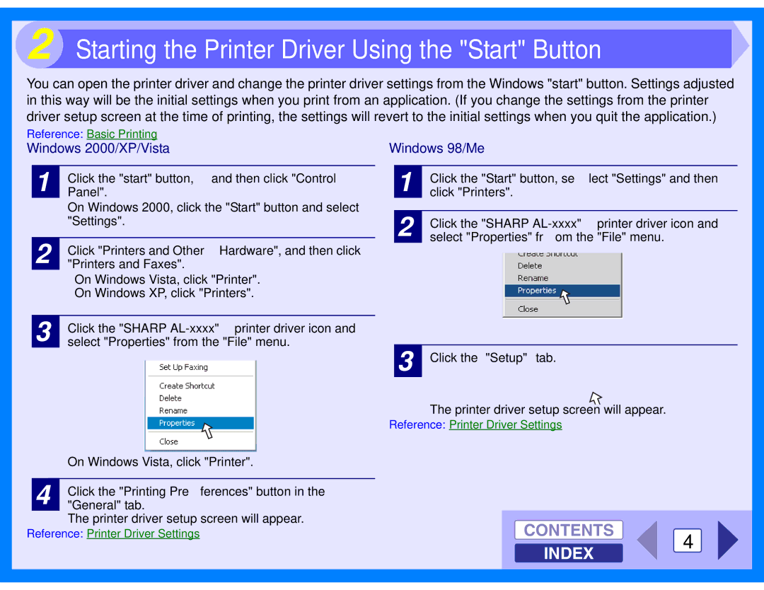 Sharp AL-2040, AL-2020 manual Contents, Windows 2000/XP/Vista, Windows 98/Me 