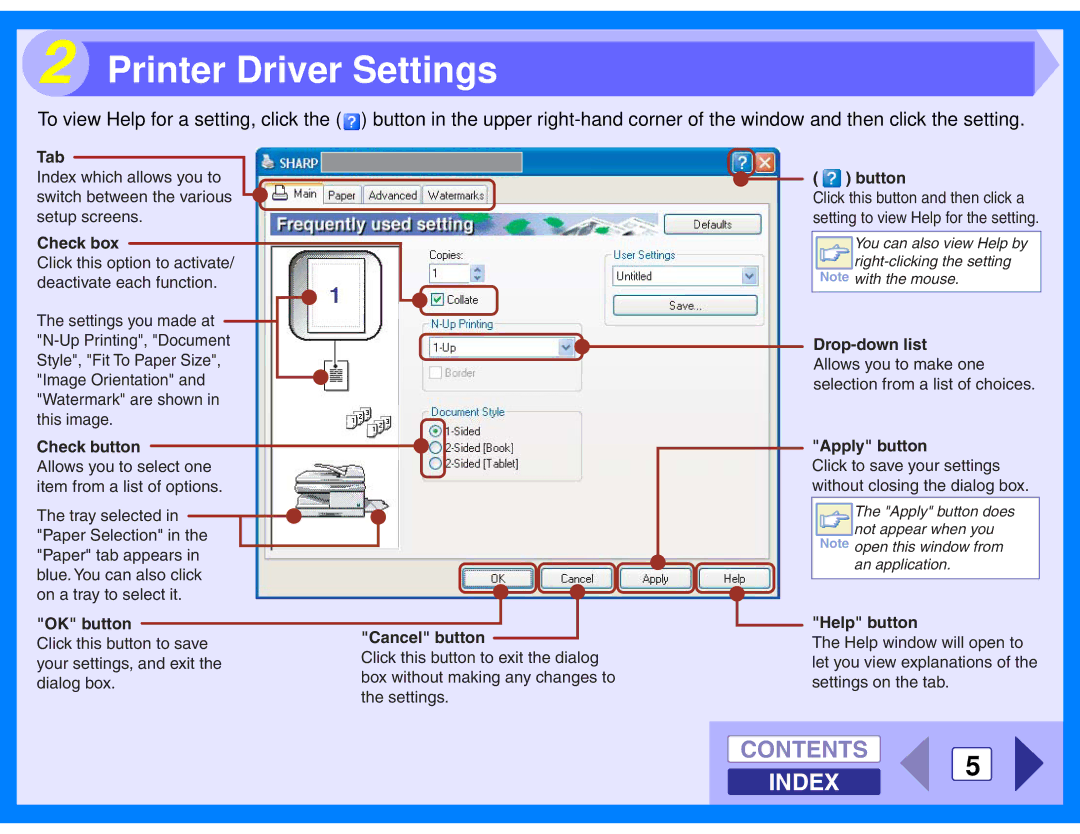 Sharp AL-2020, AL-2040 manual Printer Driver Settings, Contents 5 Index 