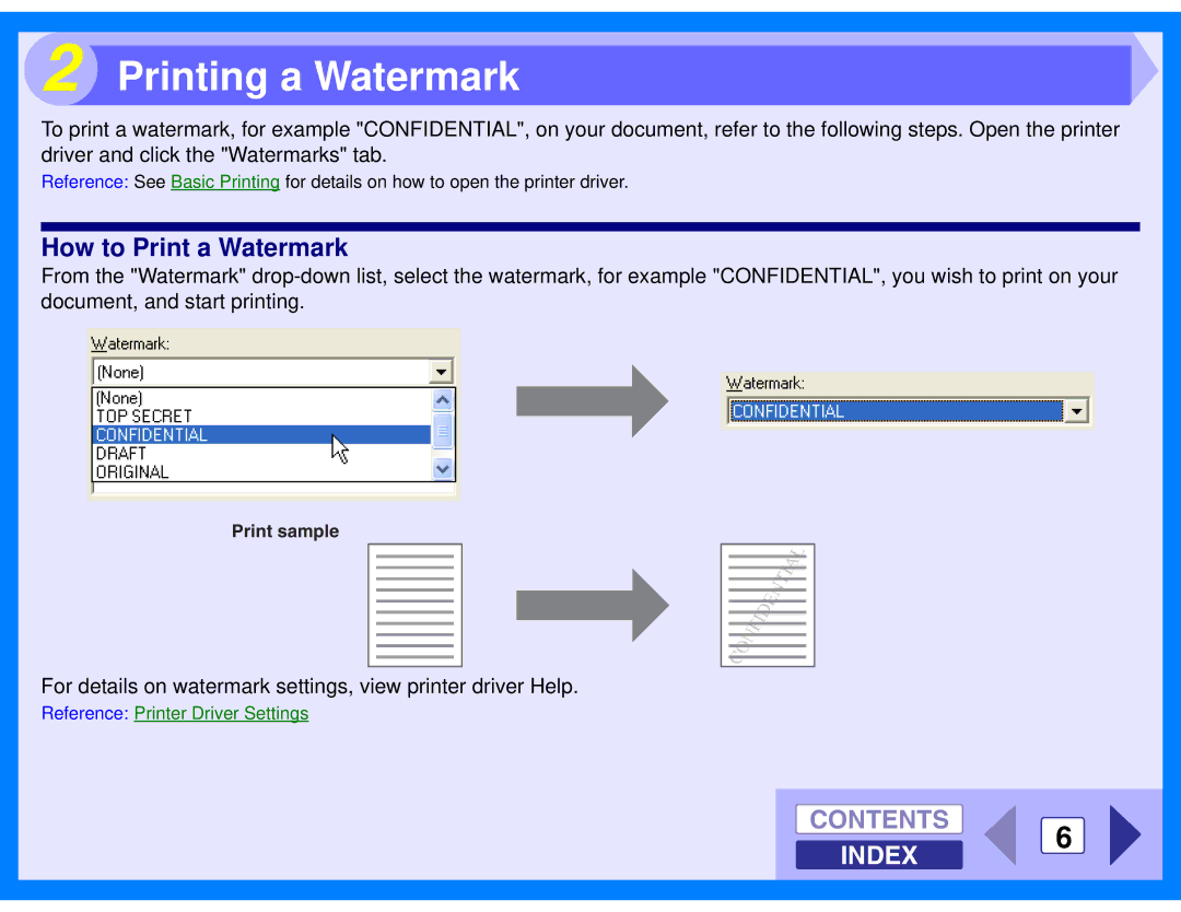 Sharp AL-2040, AL-2020 manual Printing a Watermark, Contents 6 Index 