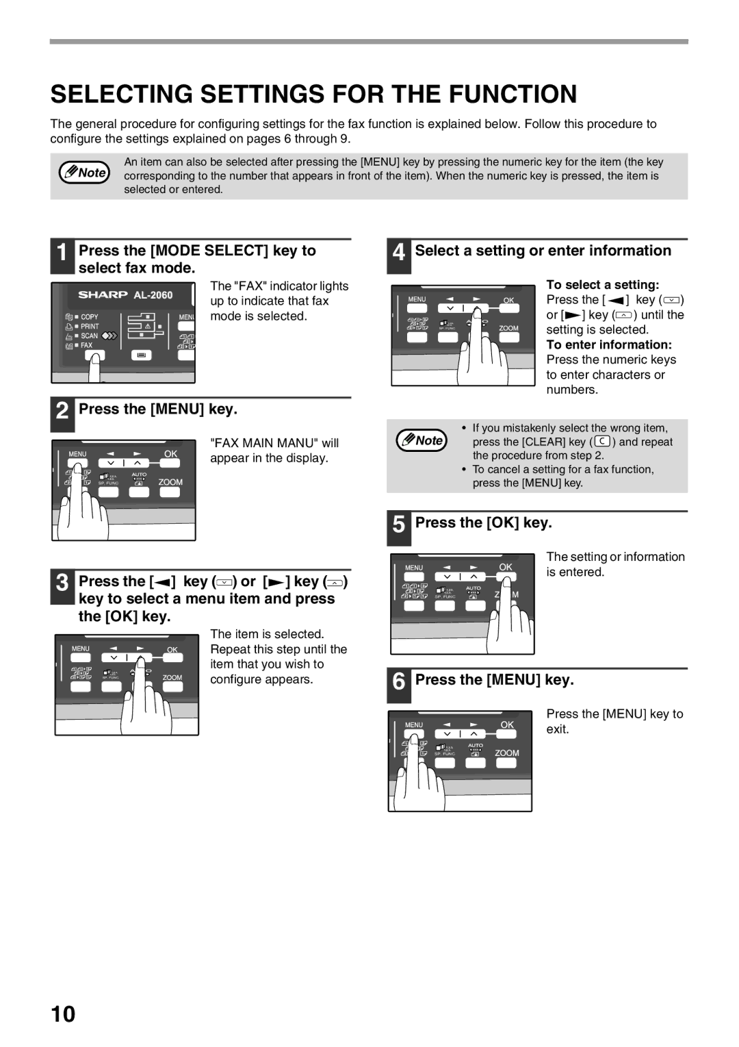 Sharp AL-2060 Selecting Settings for the Function, Press the Mode Select key to select fax mode, Press the Menu key 