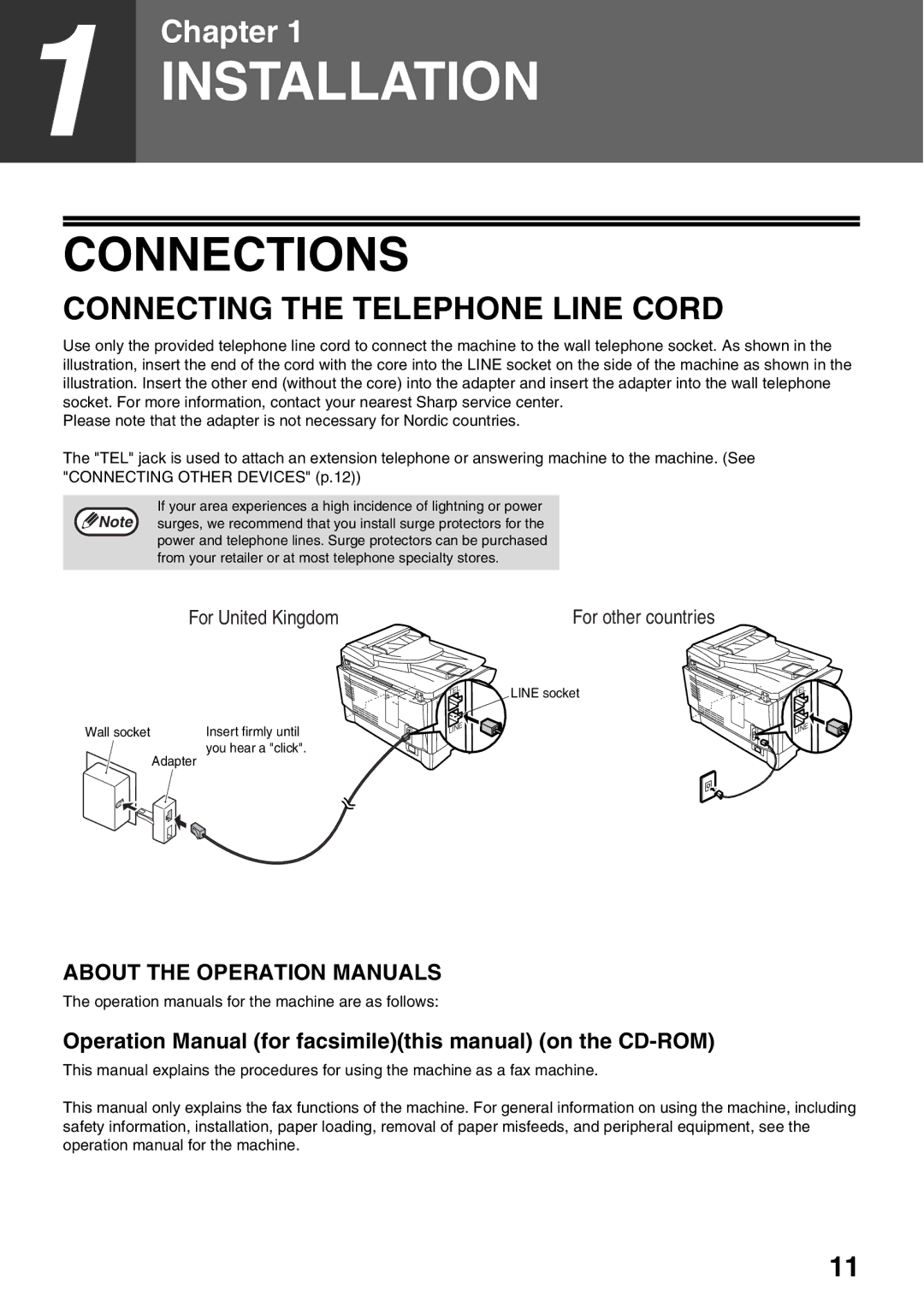 Sharp AL-2060 appendix Connections, Connecting the Telephone Line Cord, For other countries 