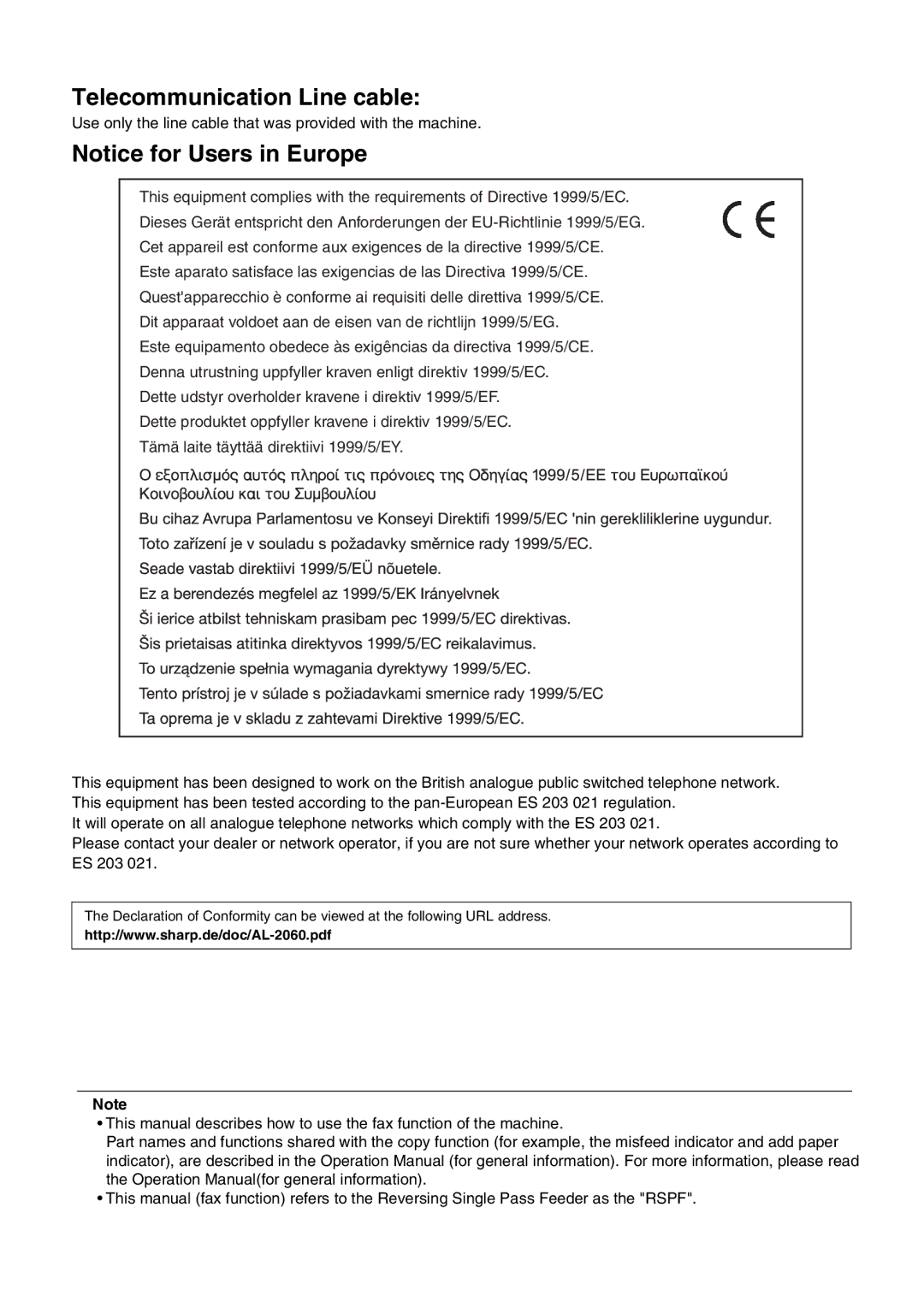 Sharp AL-2060 appendix Telecommunication Line cable 