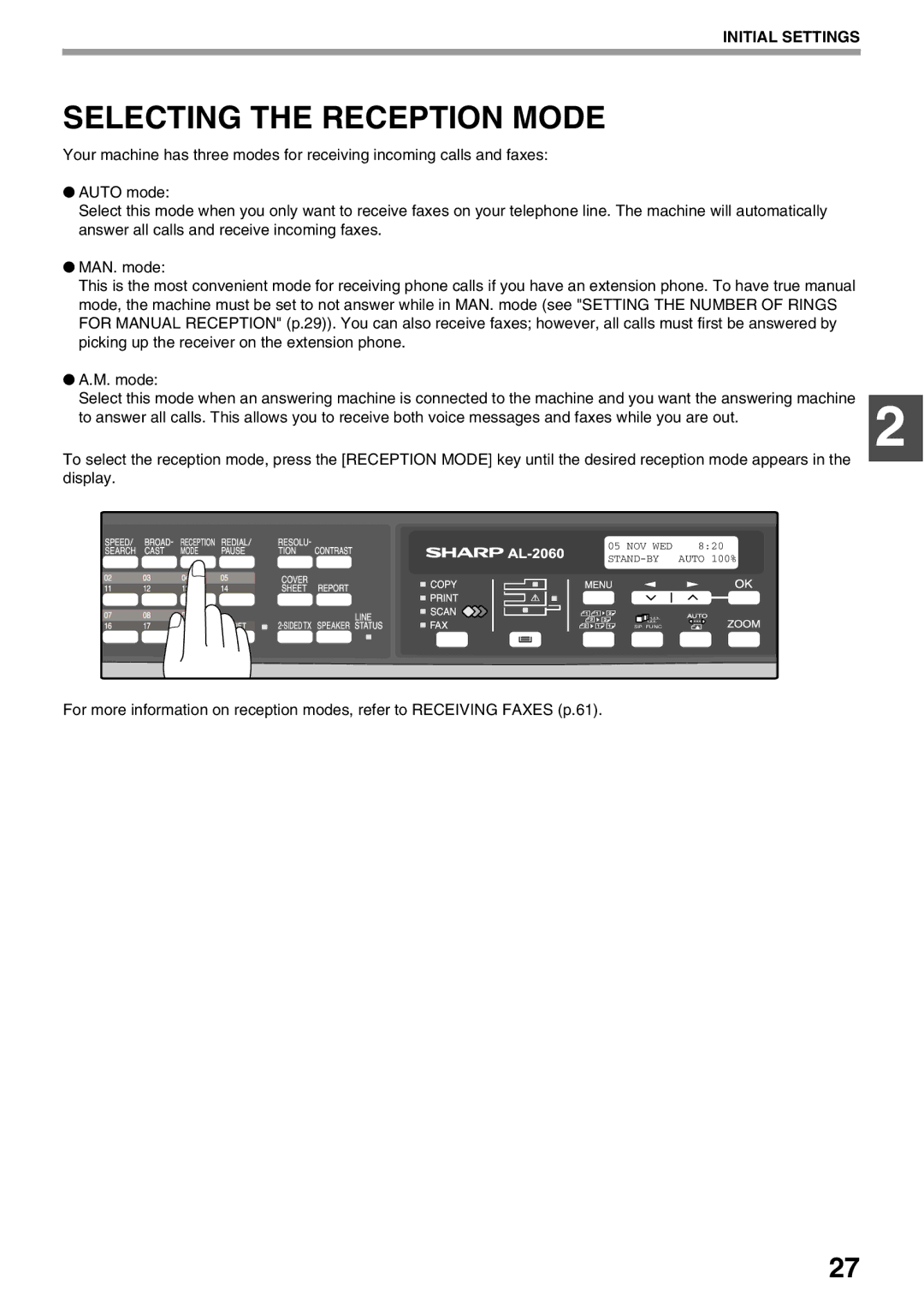 Sharp AL-2060 appendix Selecting the Reception Mode 