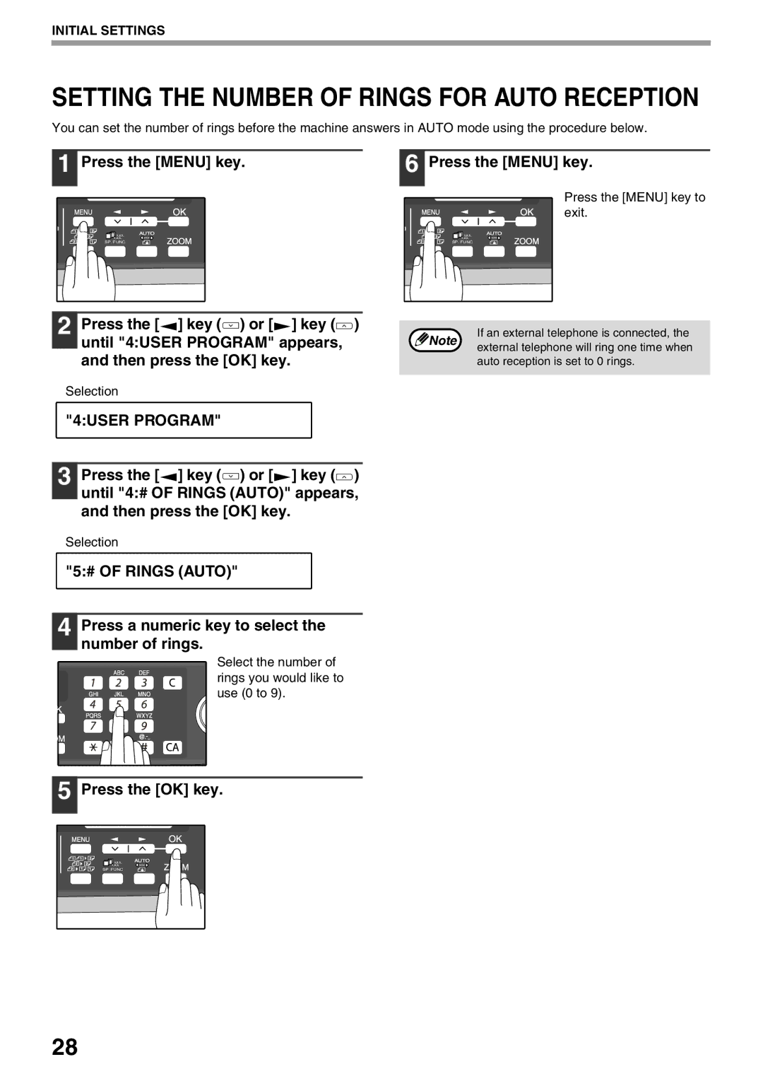 Sharp AL-2060 appendix Press the key or key, Until 4USER Program appears, Then press the OK key, # of Rings Auto 