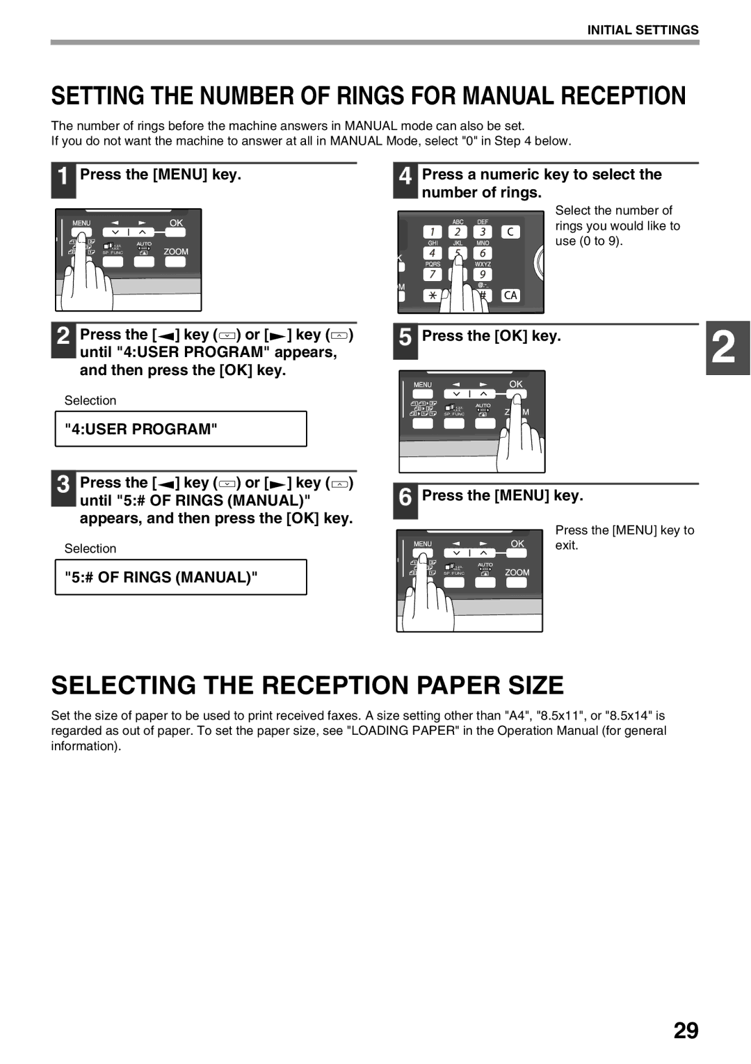 Sharp AL-2060 appendix Selecting the Reception Paper Size, # of Rings Manual 