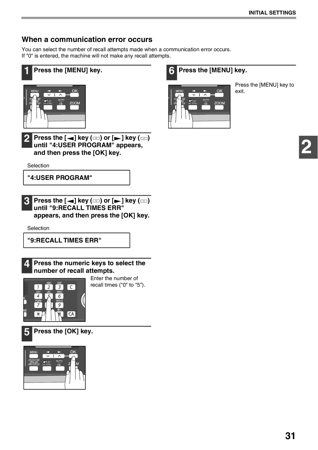 Sharp AL-2060 appendix When a communication error occurs, 9RECALL Times ERR, Enter the number of recall times 0 to 