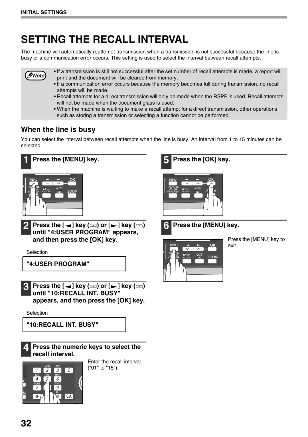 Sharp AL-2060 Setting the Recall Interval, 10RECALL INT. Busy, Press the numeric keys to select the recall interval 