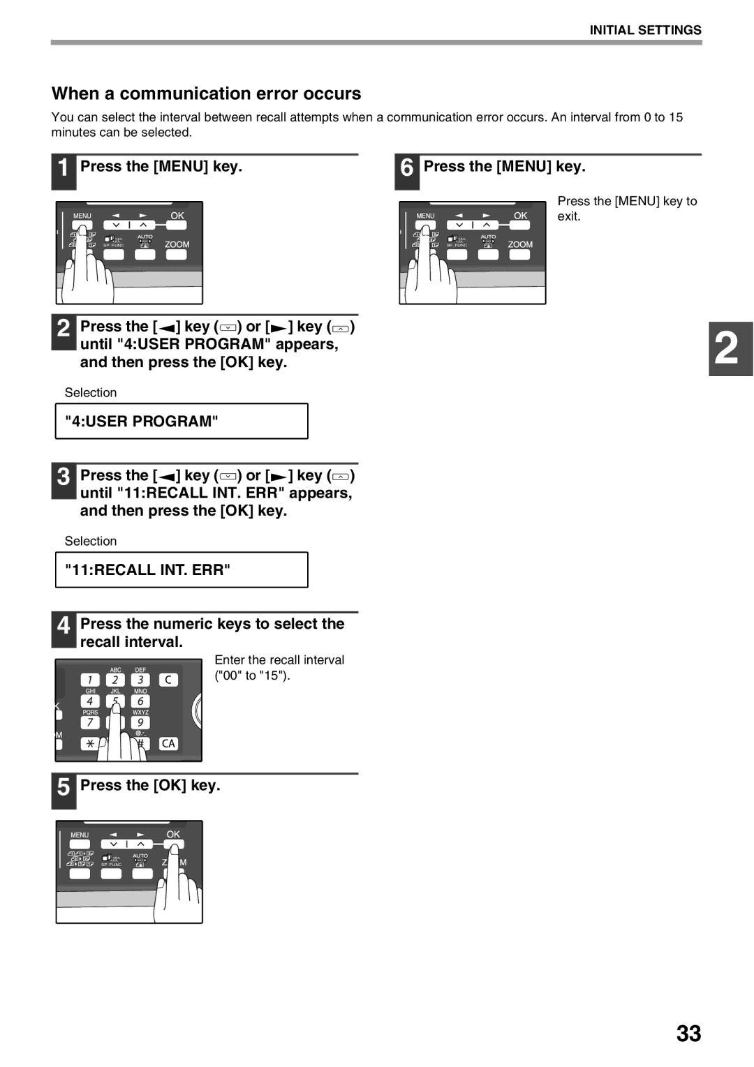 Sharp AL-2060 appendix 11RECALL INT. ERR, Enter the recall interval 00 to 