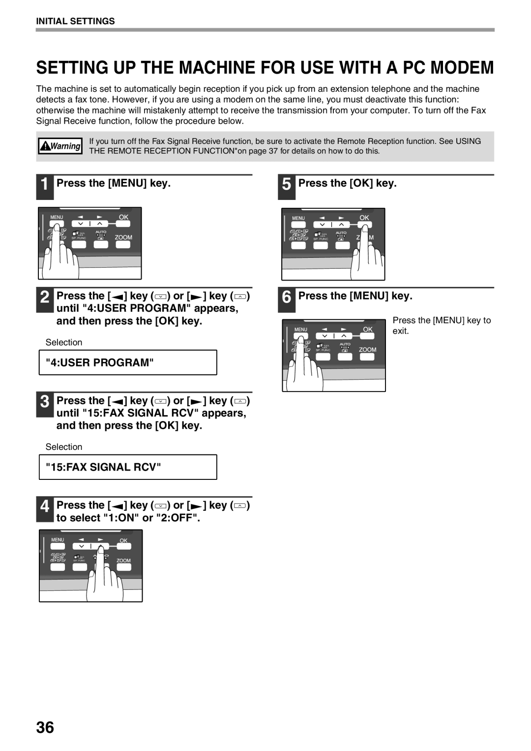 Sharp AL-2060 appendix Setting UP the Machine for USE with a PC Modem, 15FAX Signal RCV 