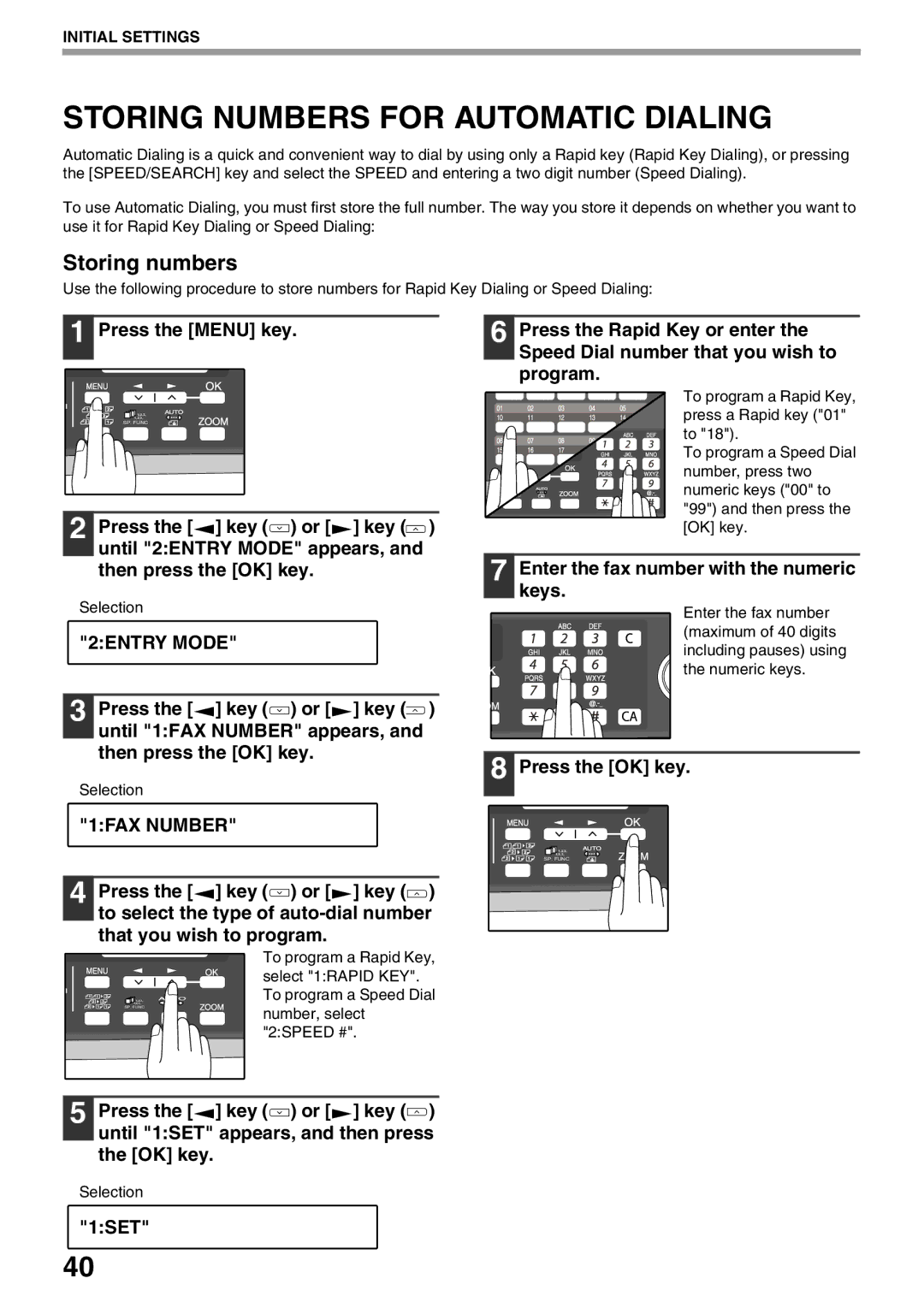 Sharp AL-2060 appendix Storing Numbers for Automatic Dialing, Storing numbers, 1FAX Number, 1SET 