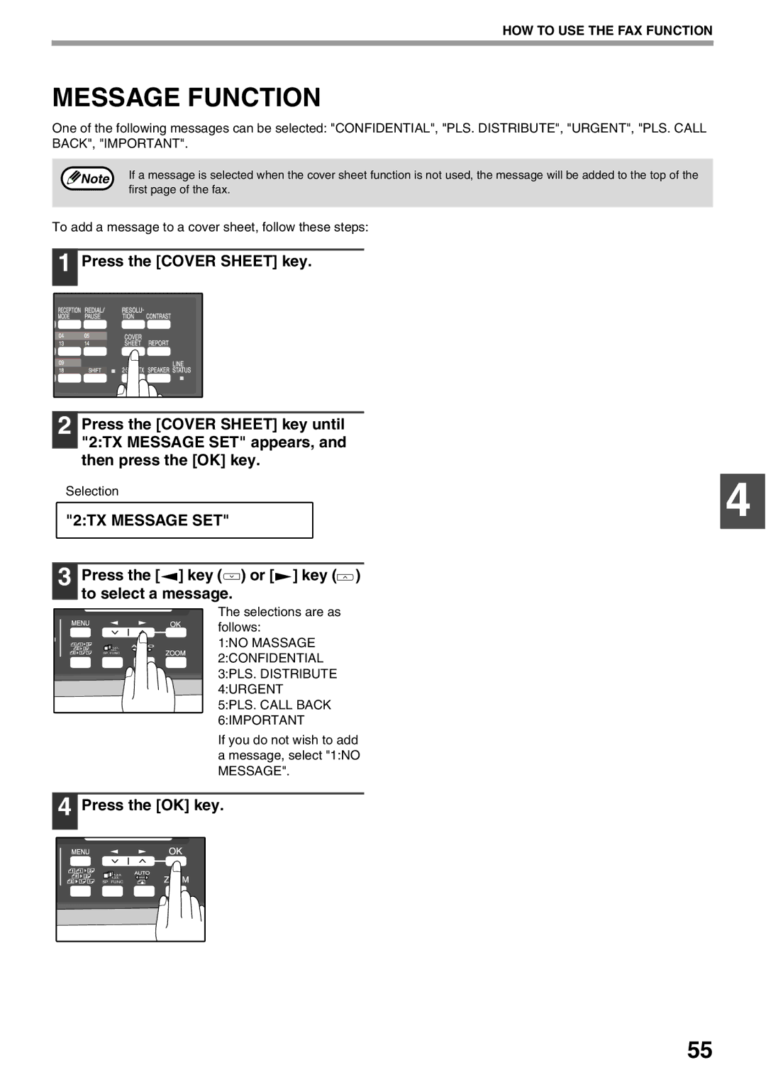 Sharp AL-2060 appendix Message Function, 2TX Message SET, Press the key or key to select a message 