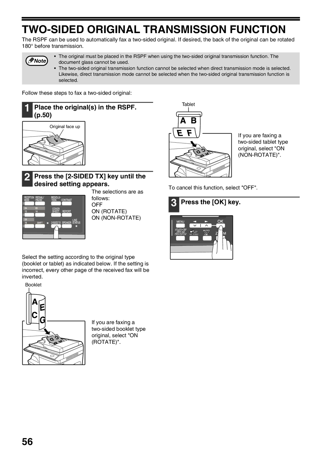 Sharp AL-2060 appendix TWO-SIDED Original Transmission Function, Place the originals in the Rspf 