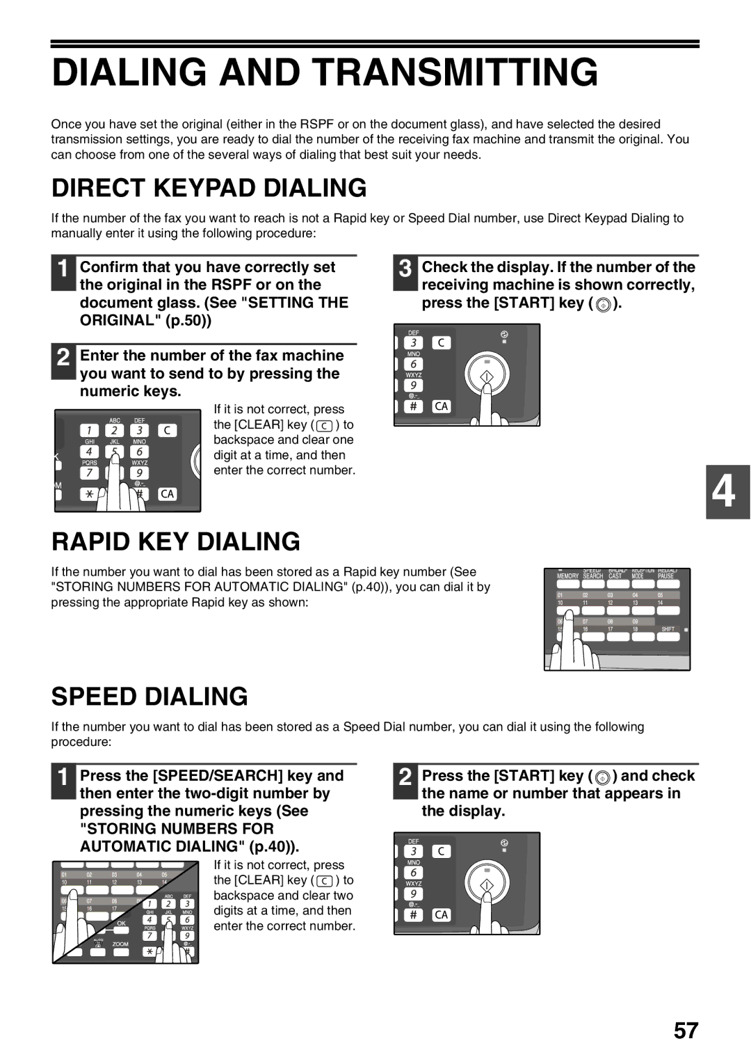 Sharp AL-2060 appendix Dialing and Transmitting, Direct Keypad Dialing, Rapid KEY Dialing, Speed Dialing 