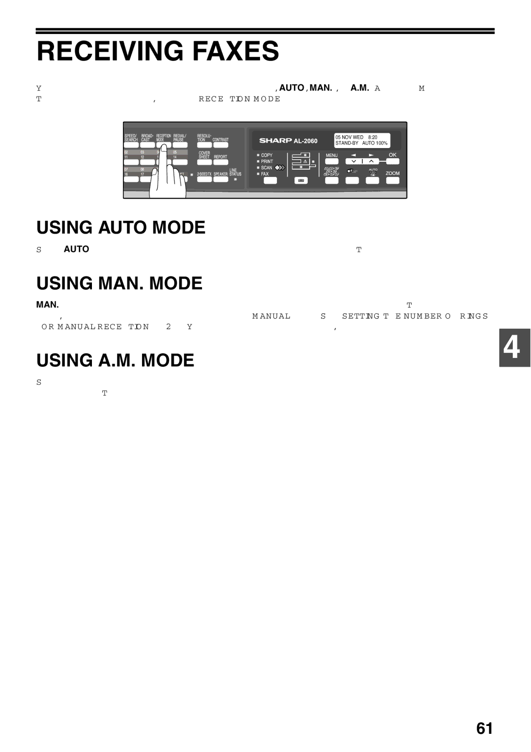 Sharp AL-2060 appendix Receiving Faxes, Using Auto Mode, Using MAN. Mode, Using A.M. Mode 