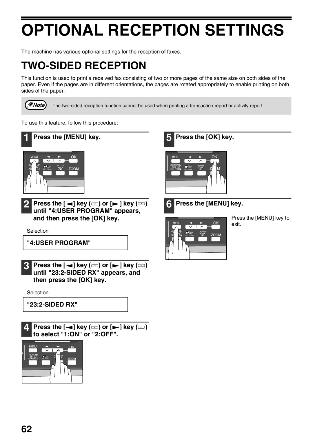 Sharp AL-2060 appendix Optional Reception Settings, TWO-SIDED Reception, Sided RX Press the Menu key 