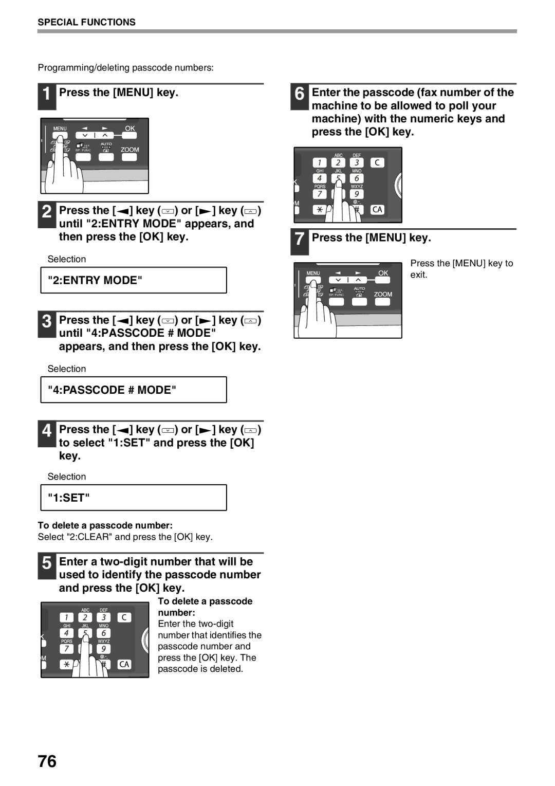 Sharp AL-2060 appendix 4PASSCODE # Mode, Programming/deleting passcode numbers, Select 2CLEAR and press the OK key 