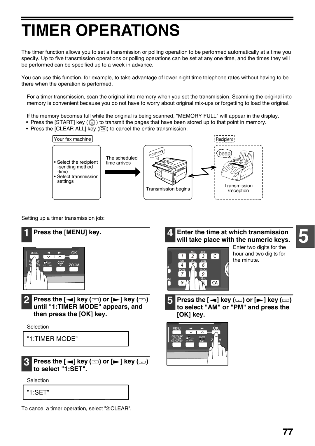 Sharp AL-2060 appendix Timer Operations, Press the Menu key Enter the time at which transmission, 1TIMER Mode 