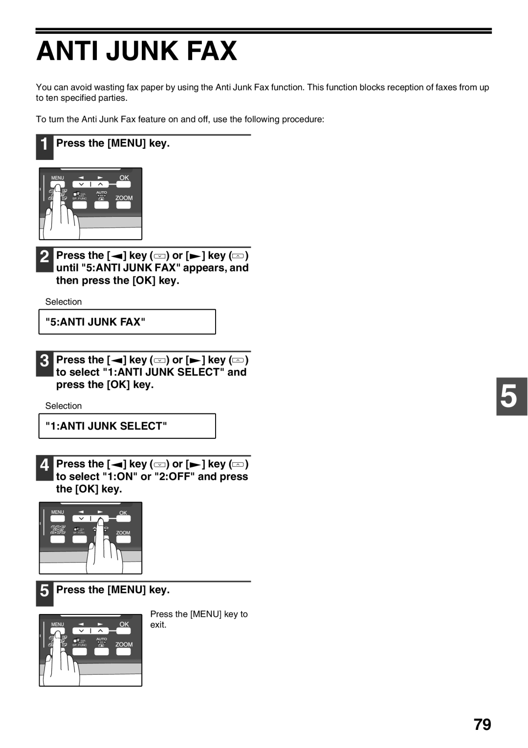 Sharp AL-2060 appendix Anti Junk FAX, 5ANTI Junk FAX, 1ANTI Junk Select 