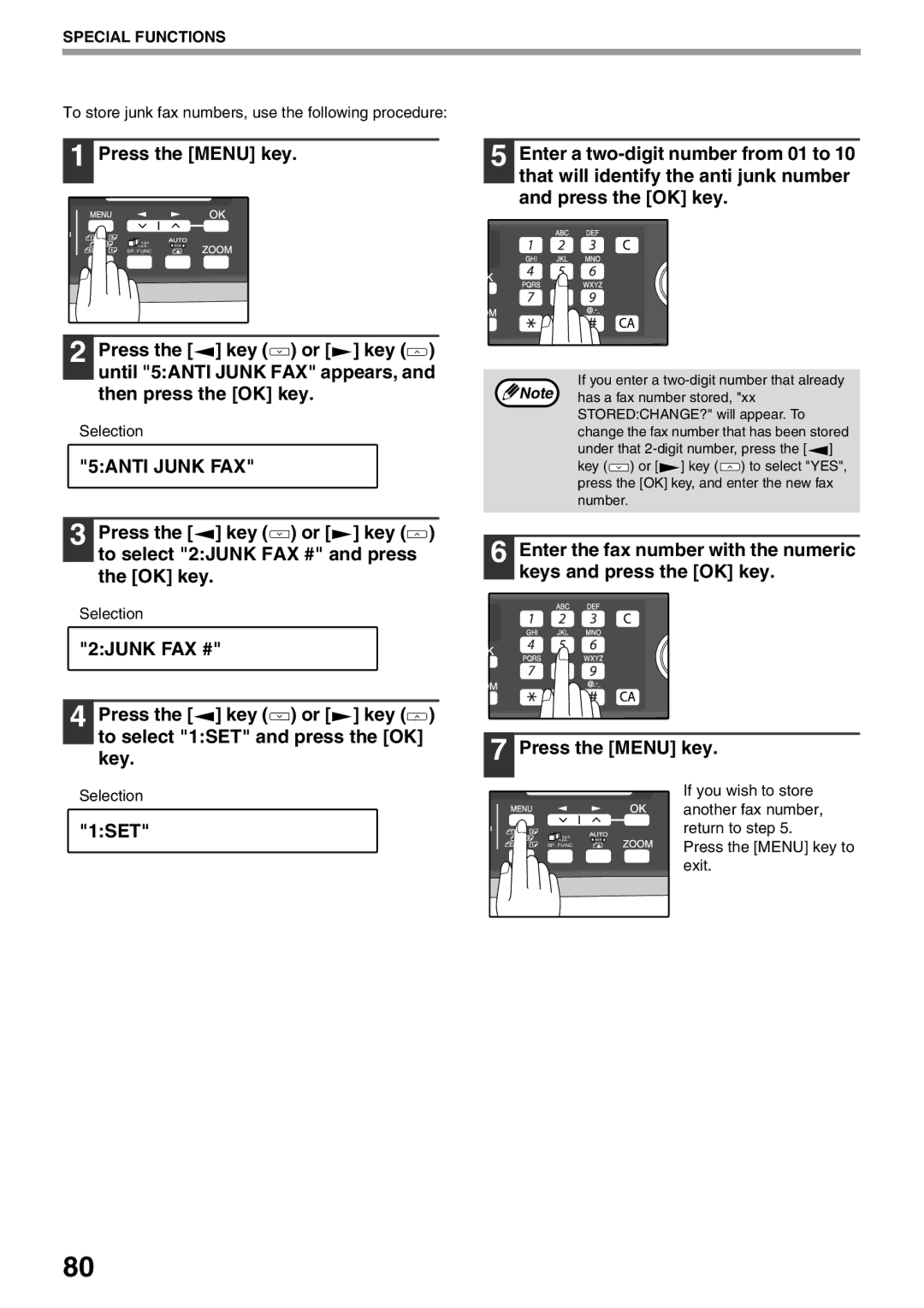 Sharp AL-2060 appendix To store junk fax numbers, use the following procedure, If you wish to store, Another fax number 