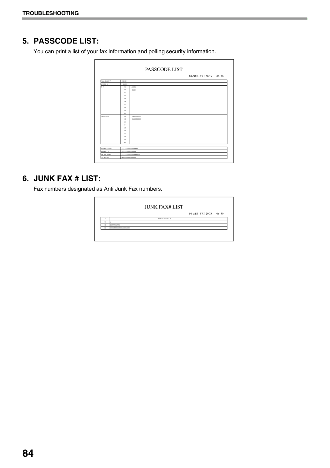 Sharp AL-2060 appendix Passcode List, Fax numbers designated as Anti Junk Fax numbers 