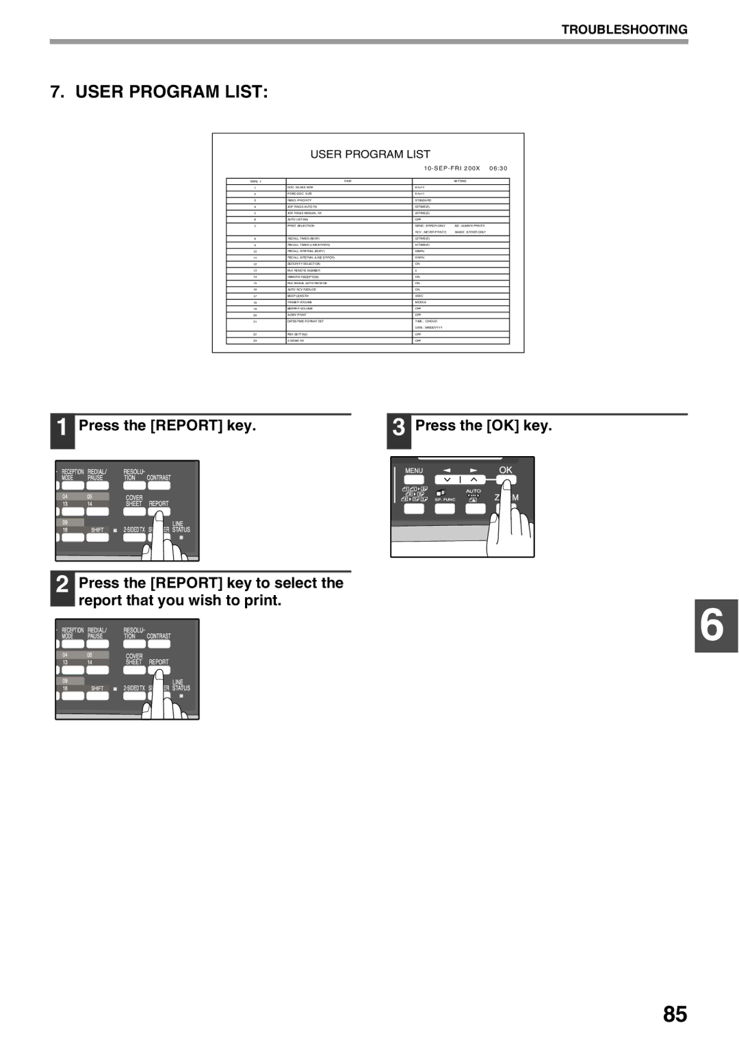 Sharp AL-2060 appendix Press the Report key Press the OK key, Currently activated User Program settings 