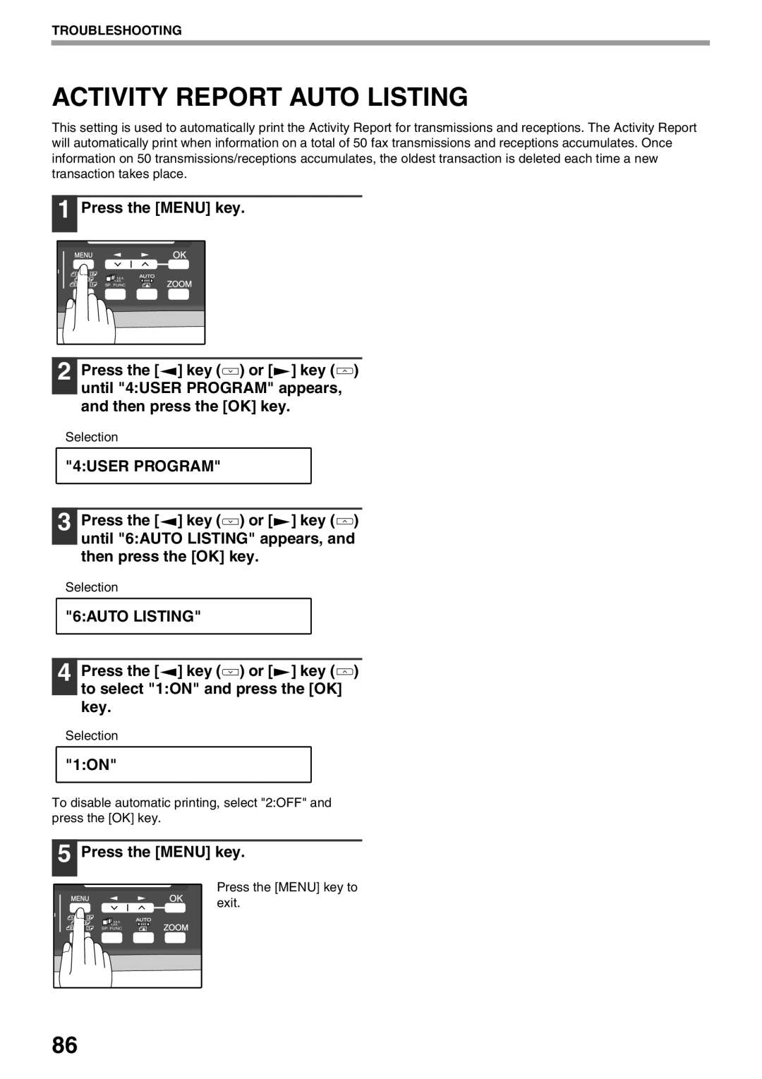 Sharp AL-2060 appendix Activity Report Auto Listing, 6AUTO Listing, Press the key or key to select 1ON and press the OK key 