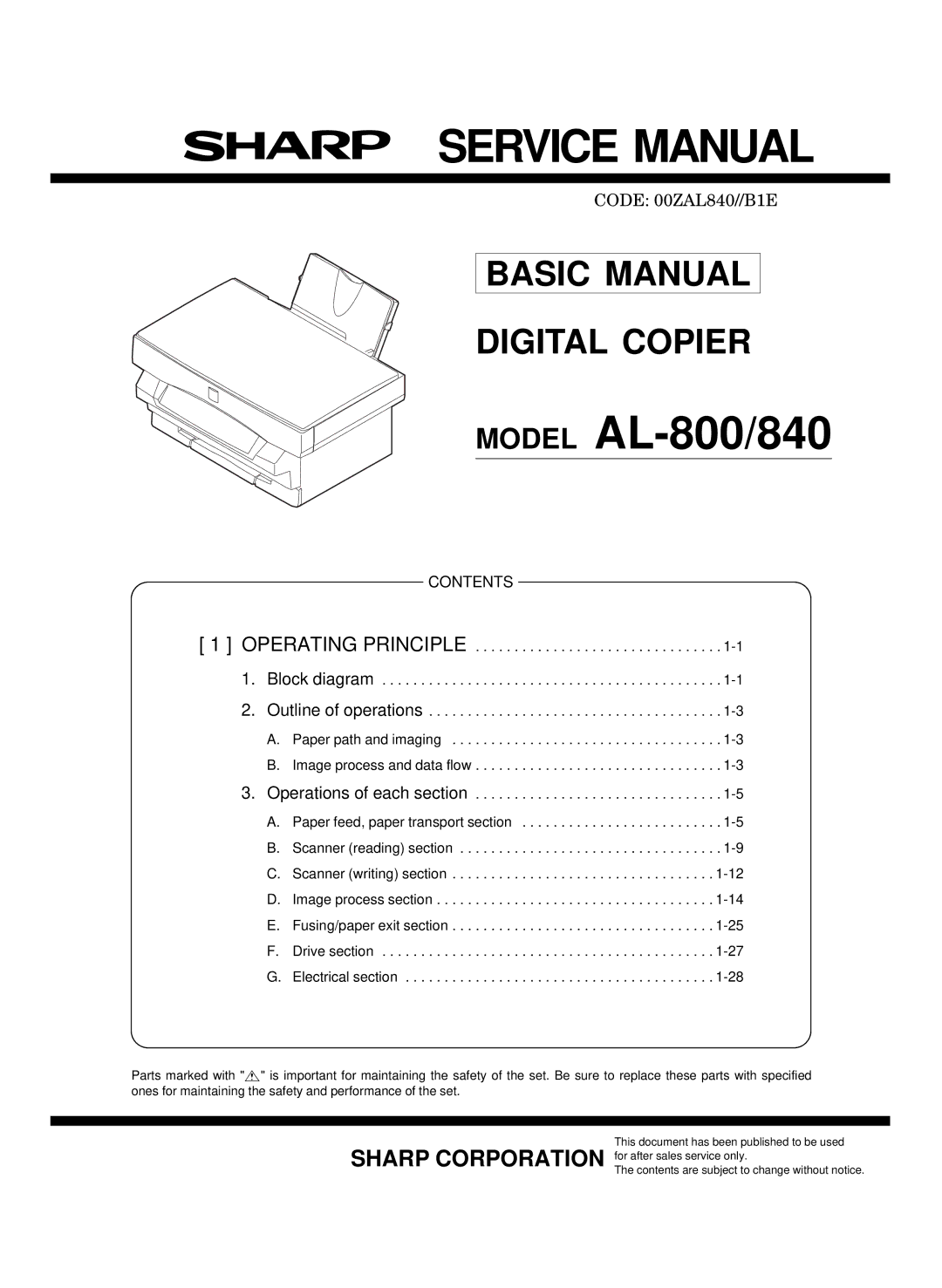 Sharp Digital Copier, AL-840 service manual Model AL-800/840 