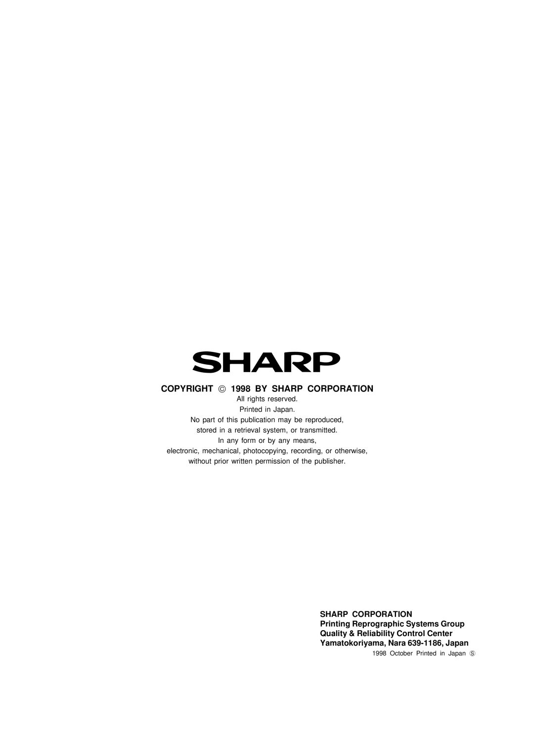 Sharp Digital Copier, AL-840, AL-800 service manual Copyright 1998 by Sharp Corporation 