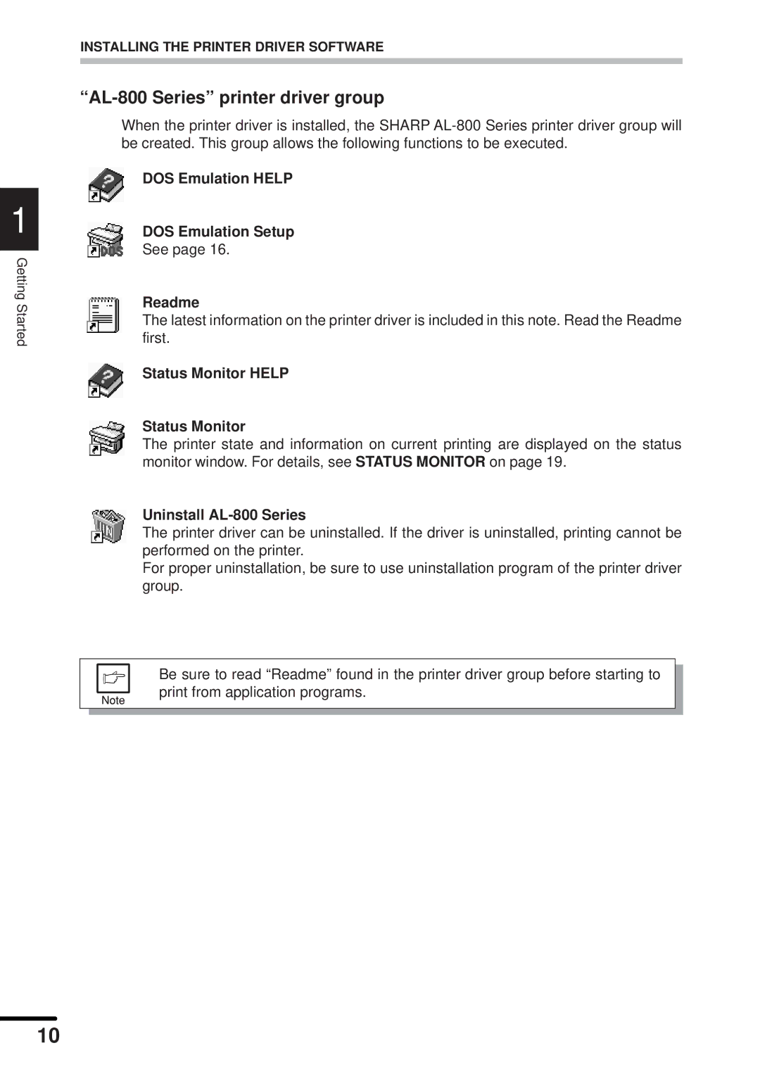 Sharp AL-840 AL-800 Series printer driver group, DOS Emulation Help DOS Emulation Setup, Readme, Status Monitor Help 