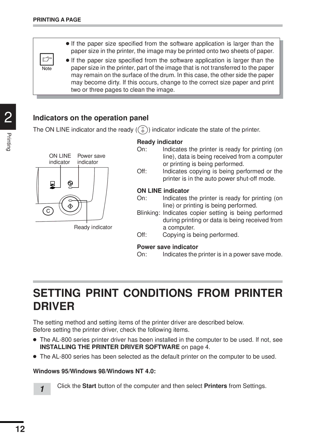 Sharp AL-840 Setting Print Conditions from Printer Driver, Indicators on the operation panel, Ready indicator 