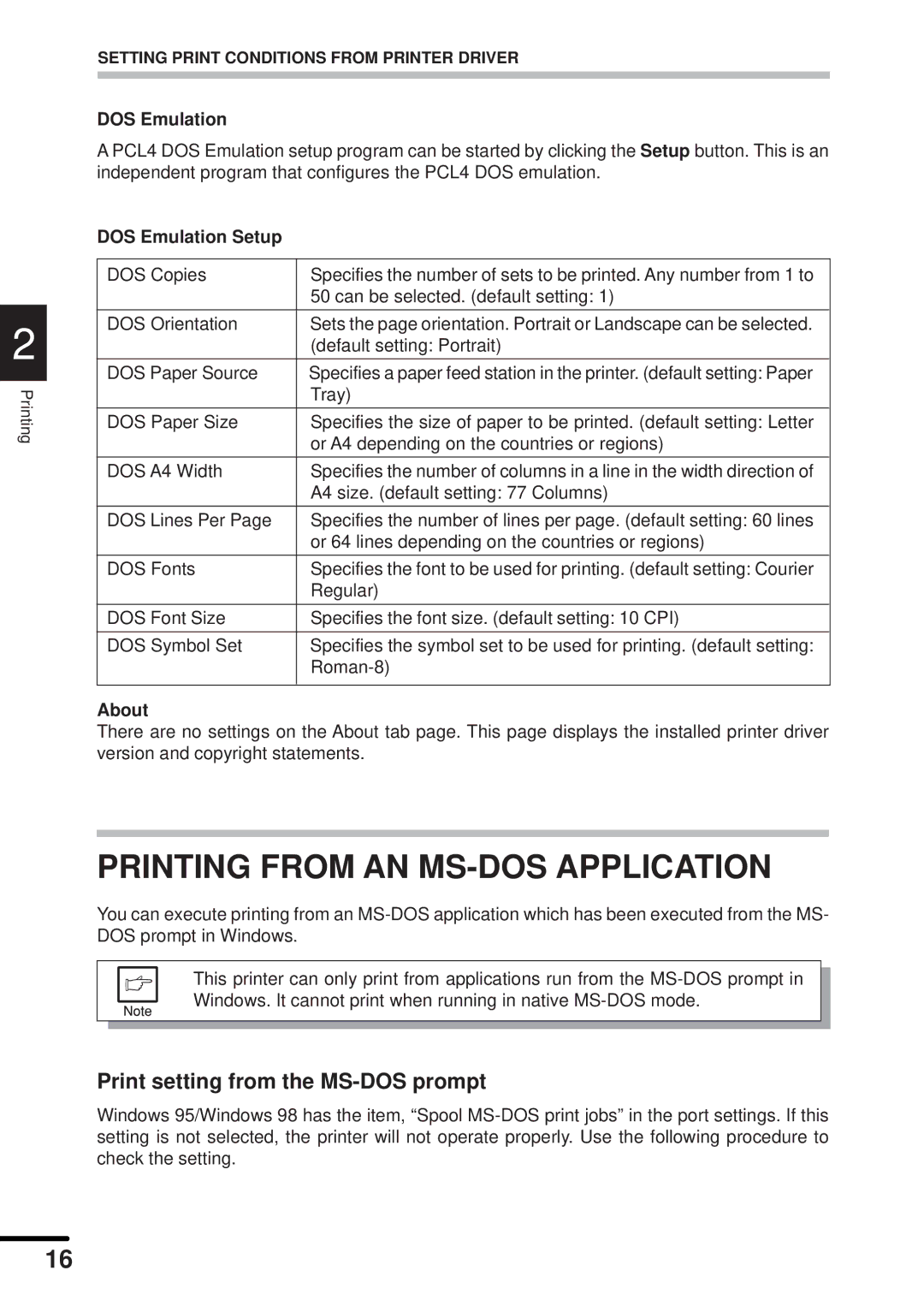 Sharp AL-840 Printing from AN MS-DOS Application, Print setting from the MS-DOS prompt, DOS Emulation, About 