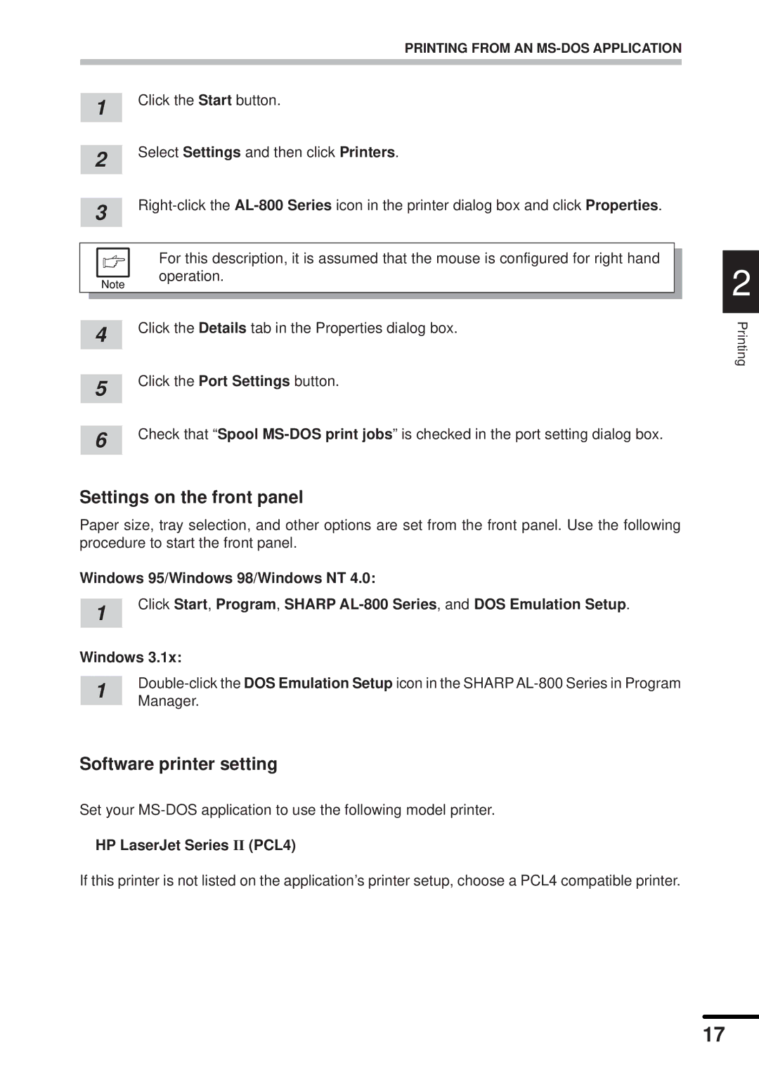 Sharp AL-840 operation manual Settings on the front panel, Software printer setting, Manager, HP LaserJet Series II PCL4 