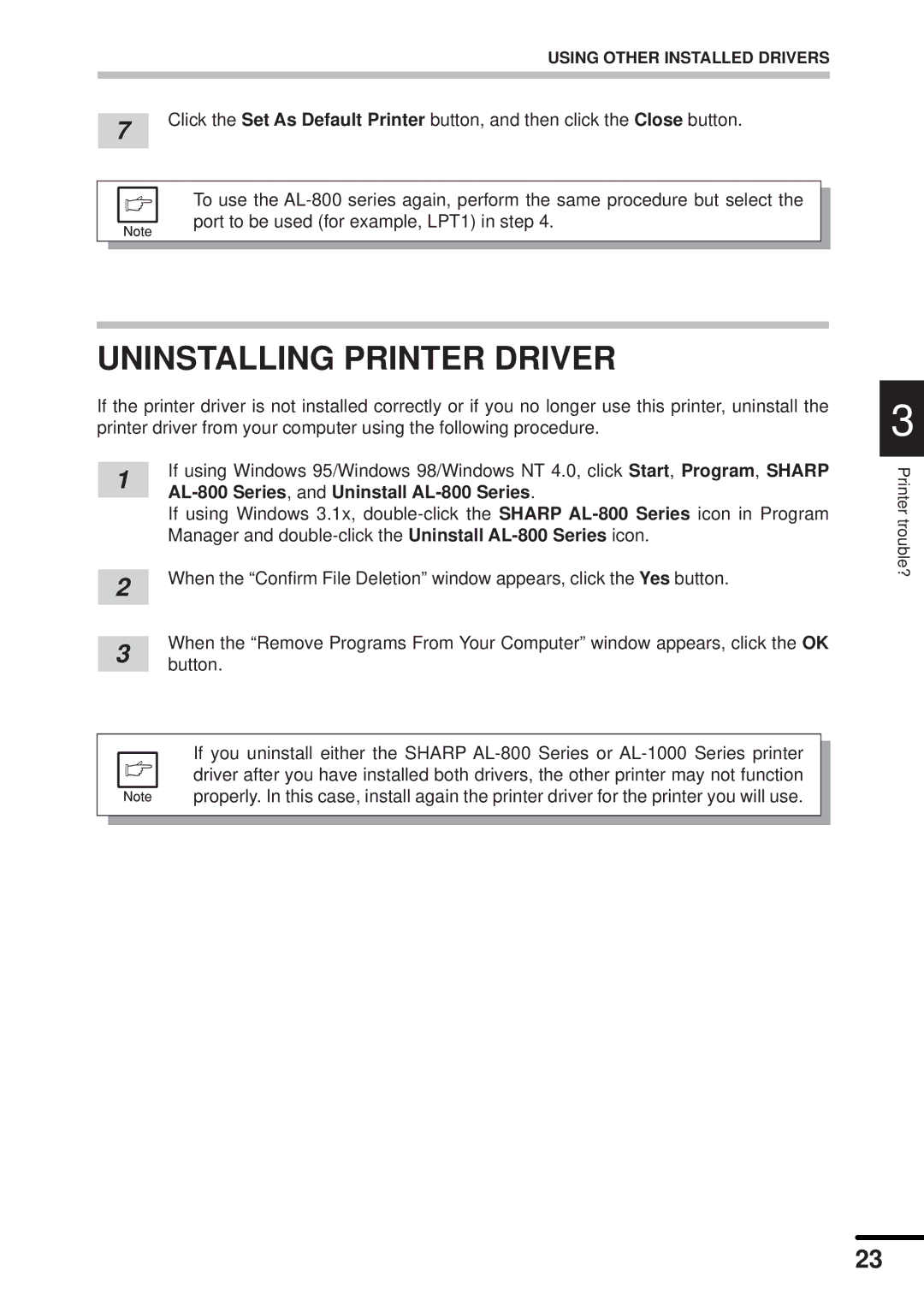 Sharp AL-840 operation manual Uninstalling Printer Driver, AL-800 Series , and Uninstall AL-800 Series 