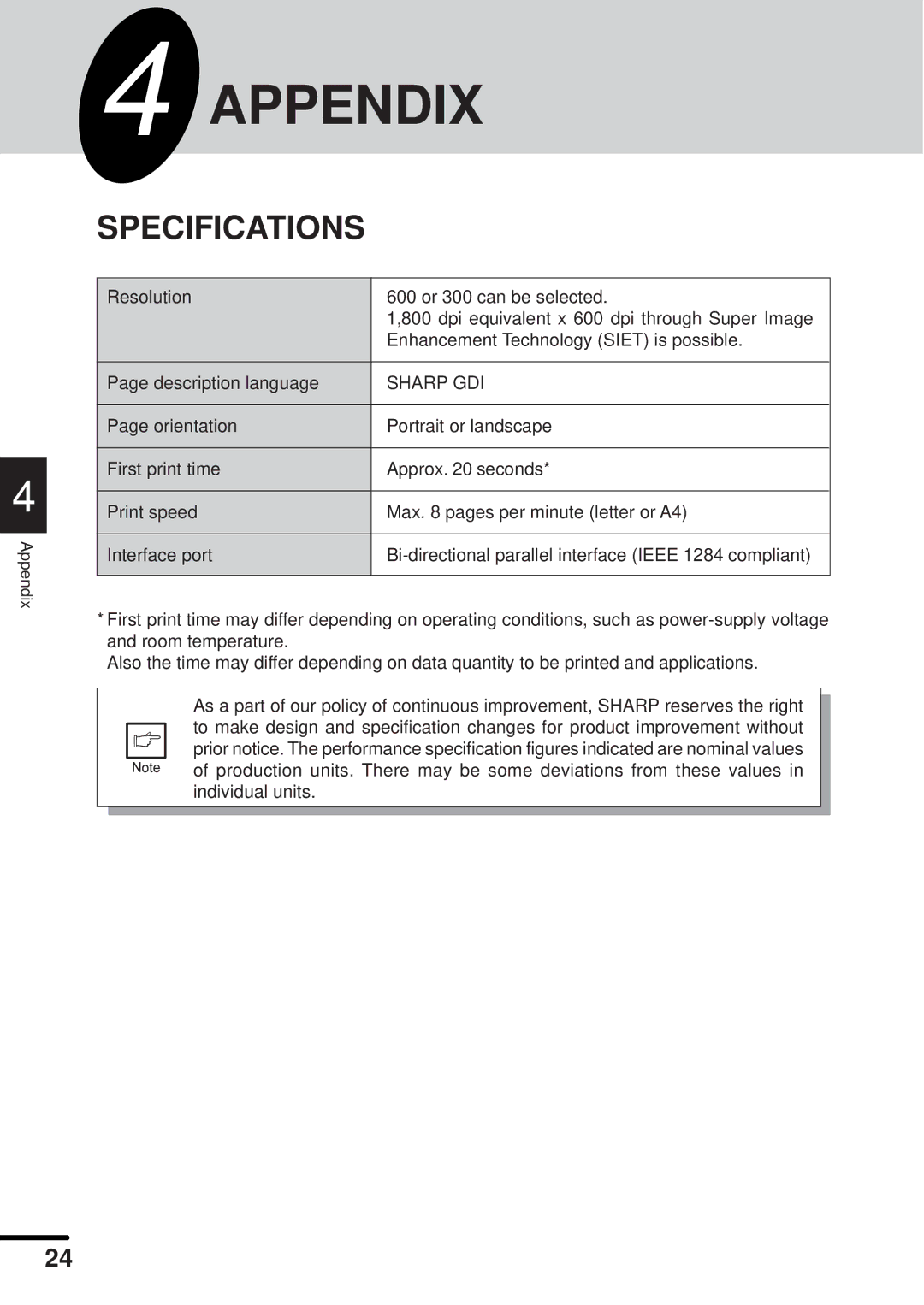 Sharp AL-840 operation manual Appendix, Specifications 