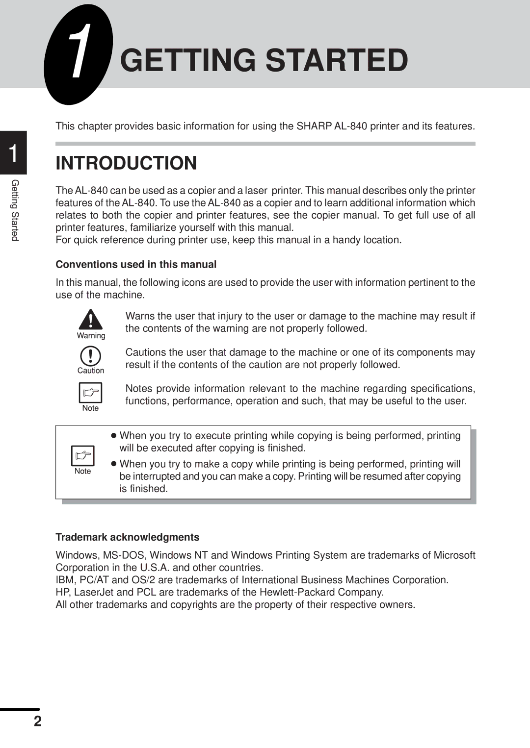 Sharp AL-840 operation manual Getting Started, Introduction, Conventions used in this manual, Trademark acknowledgments 