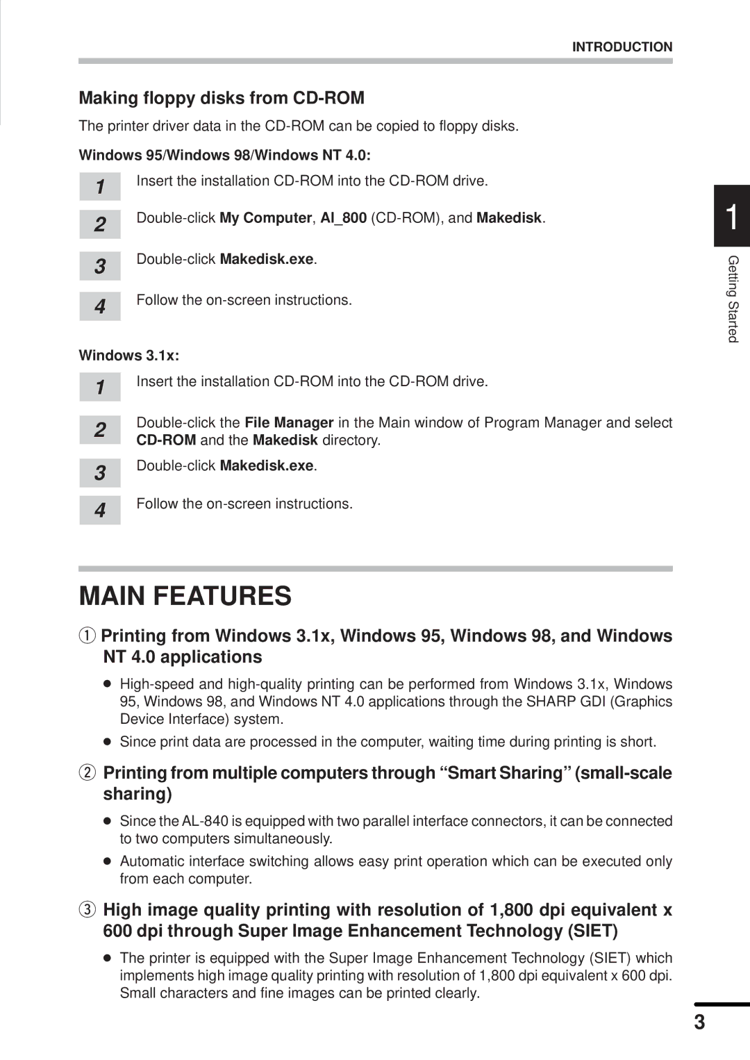 Sharp AL-840 operation manual Main Features, Making floppy disks from CD-ROM, Windows 95/Windows 98/Windows NT 