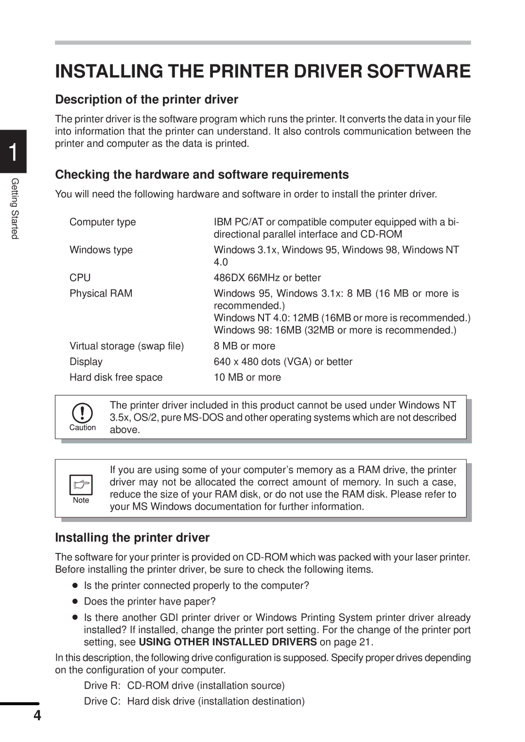 Sharp AL-840 Installing the Printer Driver Software, Description of the printer driver, Installing the printer driver 