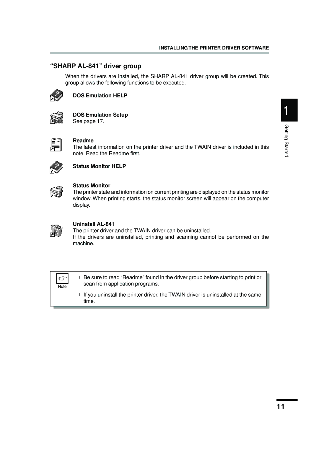 Sharp Sharp AL-841 driver group, DOS Emulation Help DOS Emulation Setup, Readme, Status Monitor Help, Uninstall AL-841 