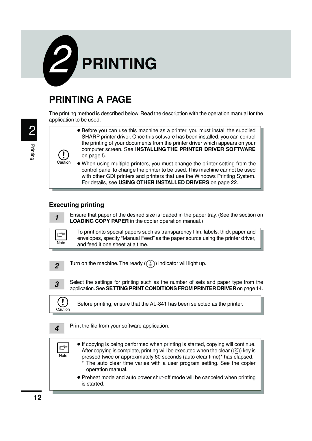 Sharp AL-841 appendix Printing a, Executing printing 