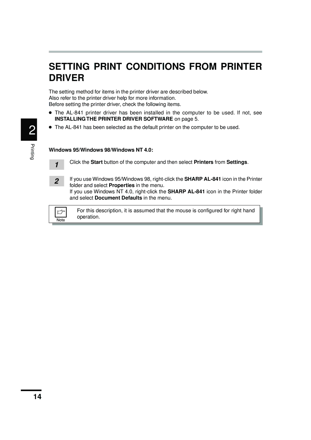 Sharp AL-841 appendix Setting Print Conditions from Printer Driver, Windows 95/Windows 98/Windows NT 