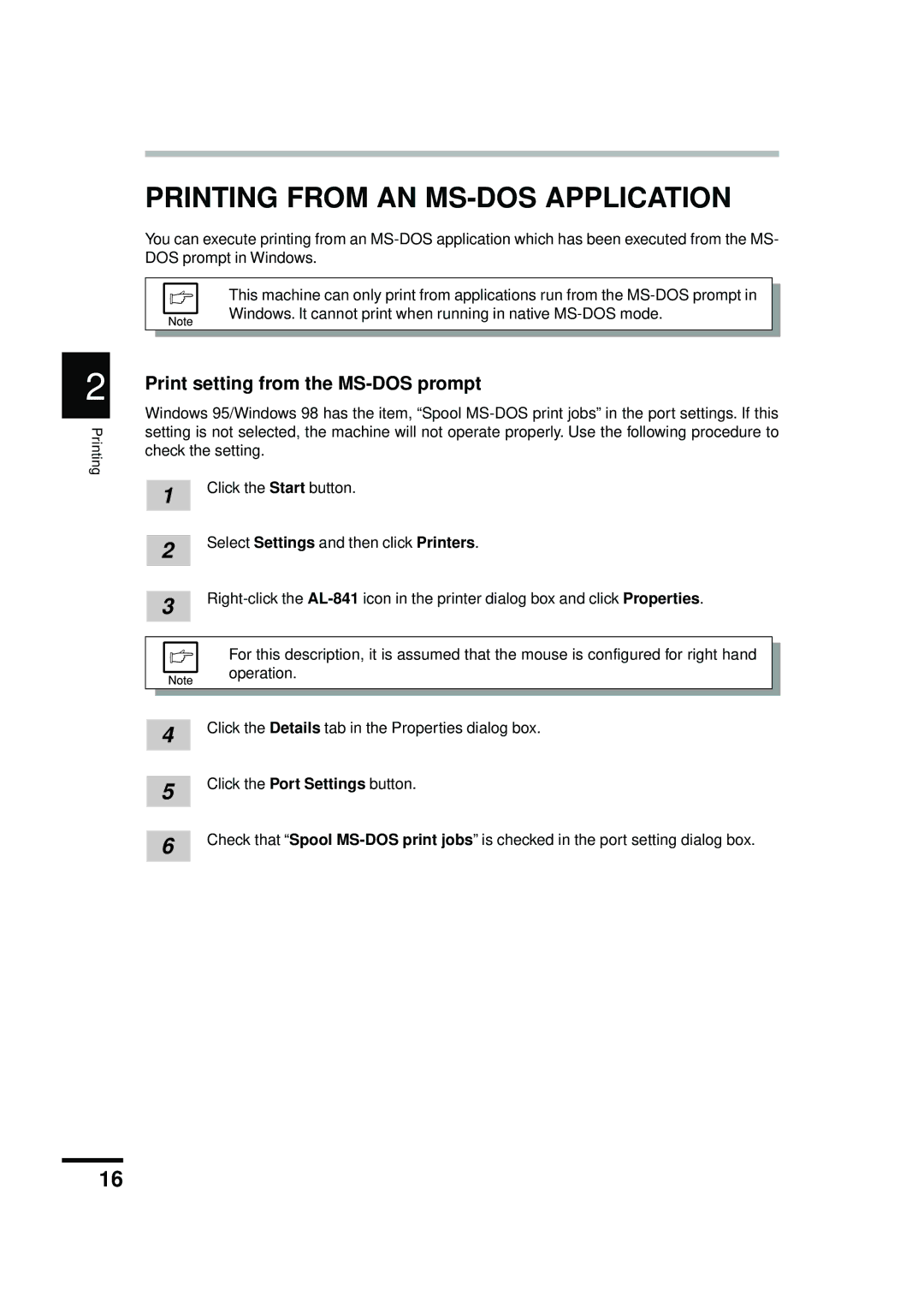 Sharp AL-841 appendix Printing from AN MS-DOS Application, Print setting from the MS-DOS prompt 