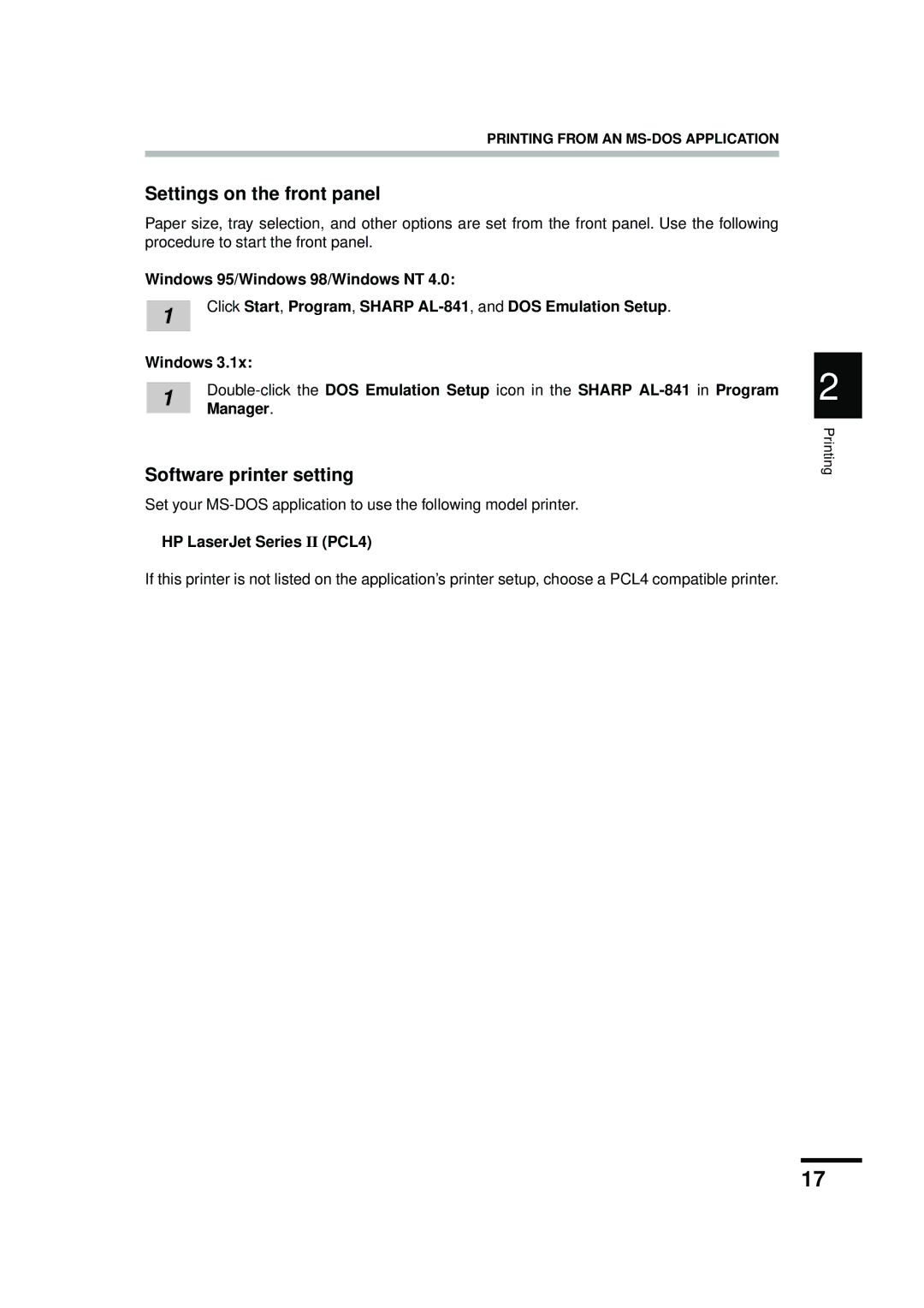 Sharp AL-841 appendix Settings on the front panel, Software printer setting, HP LaserJet Series II PCL4 