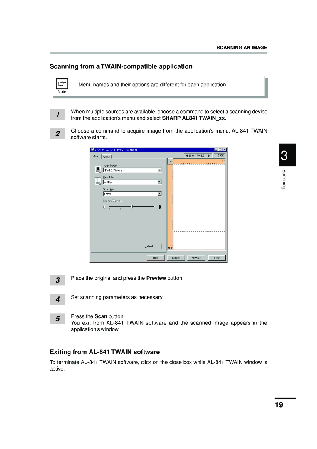 Sharp appendix Scanning from a TWAIN-compatible application, Exiting from AL-841 Twain software 