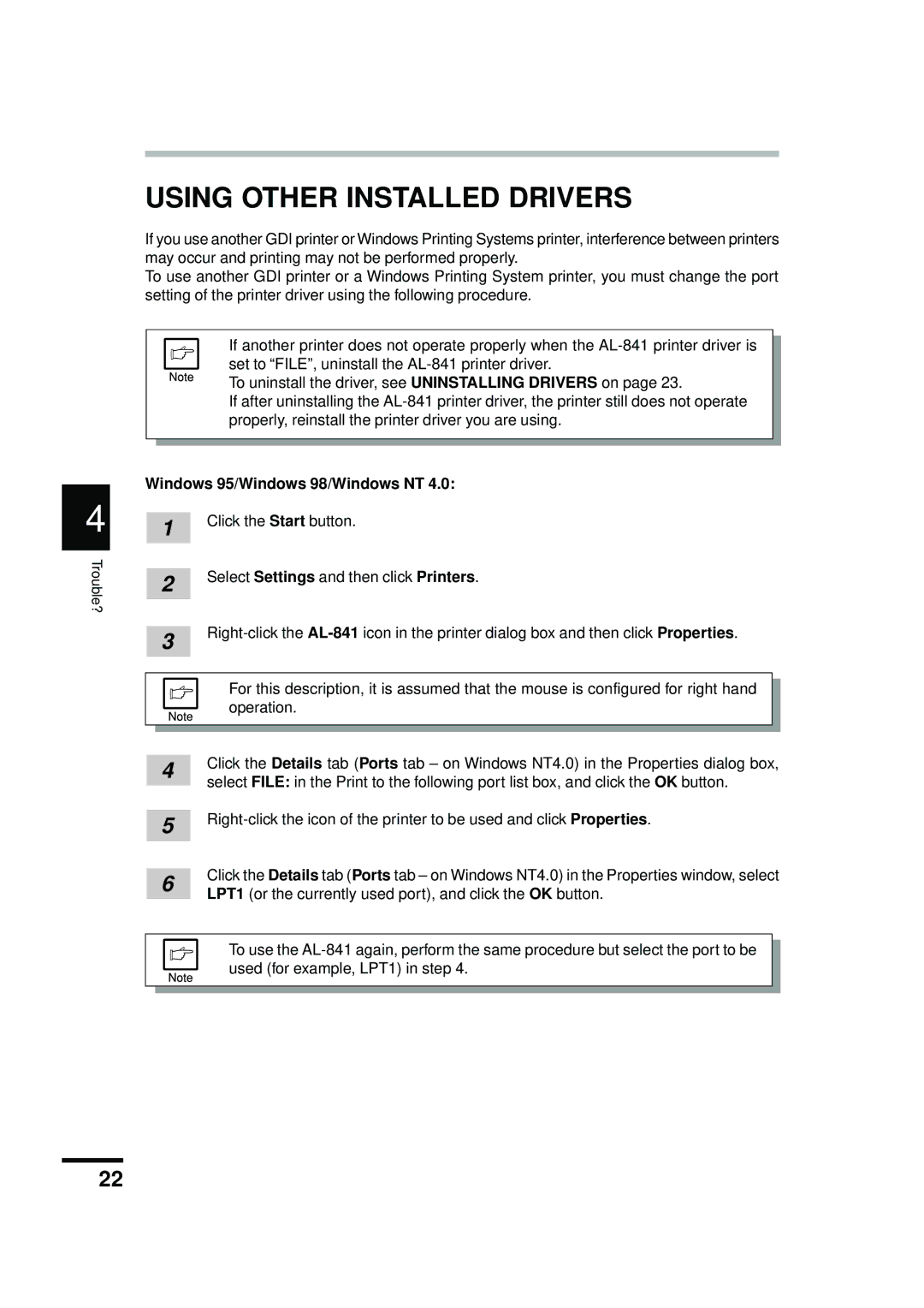 Sharp AL-841 appendix Using Other Installed Drivers, Windows 95/Windows 98/Windows NT 