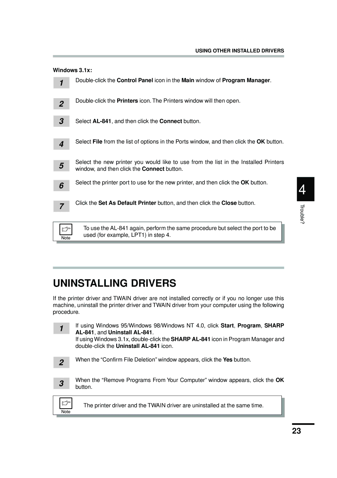 Sharp AL-841 appendix Uninstalling Drivers, Windows 