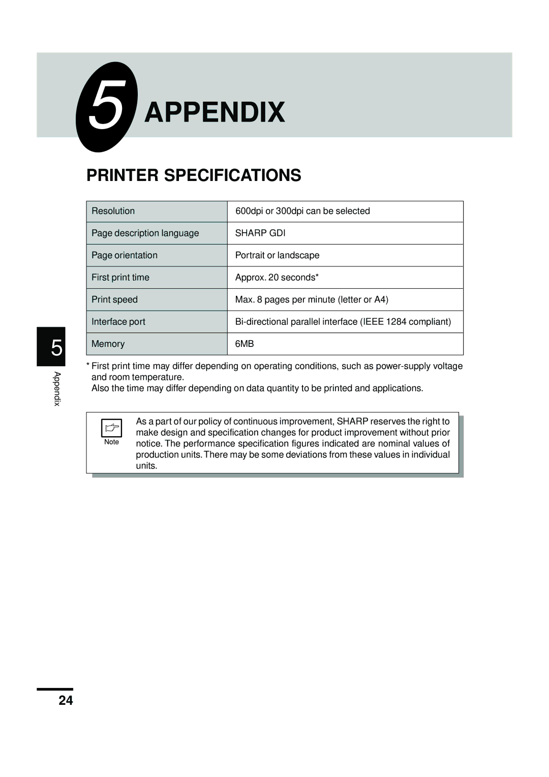 Sharp AL-841 appendix Appendix, Printer Specifications 