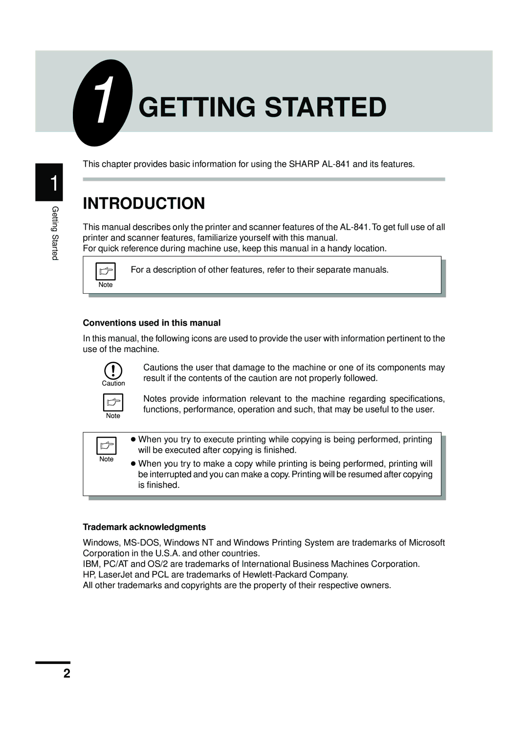 Sharp AL-841 appendix Getting Started, Introduction, Conventions used in this manual, Trademark acknowledgments 