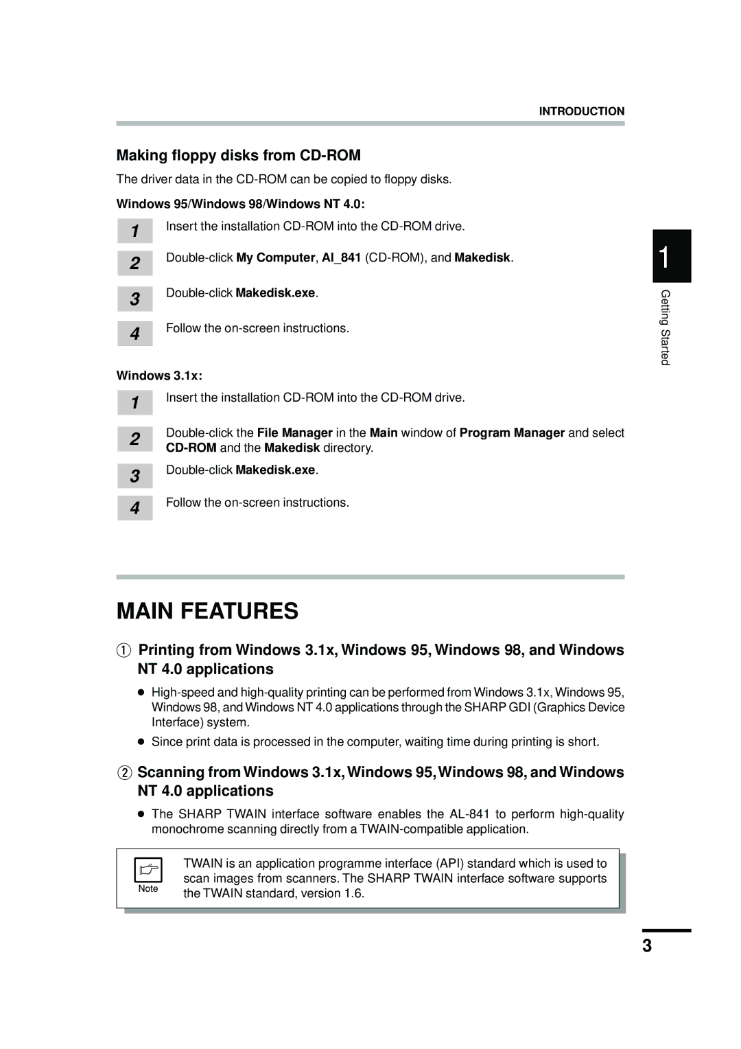 Sharp AL-841 appendix Main Features, Making floppy disks from CD-ROM, Windows 95/Windows 98/Windows NT 