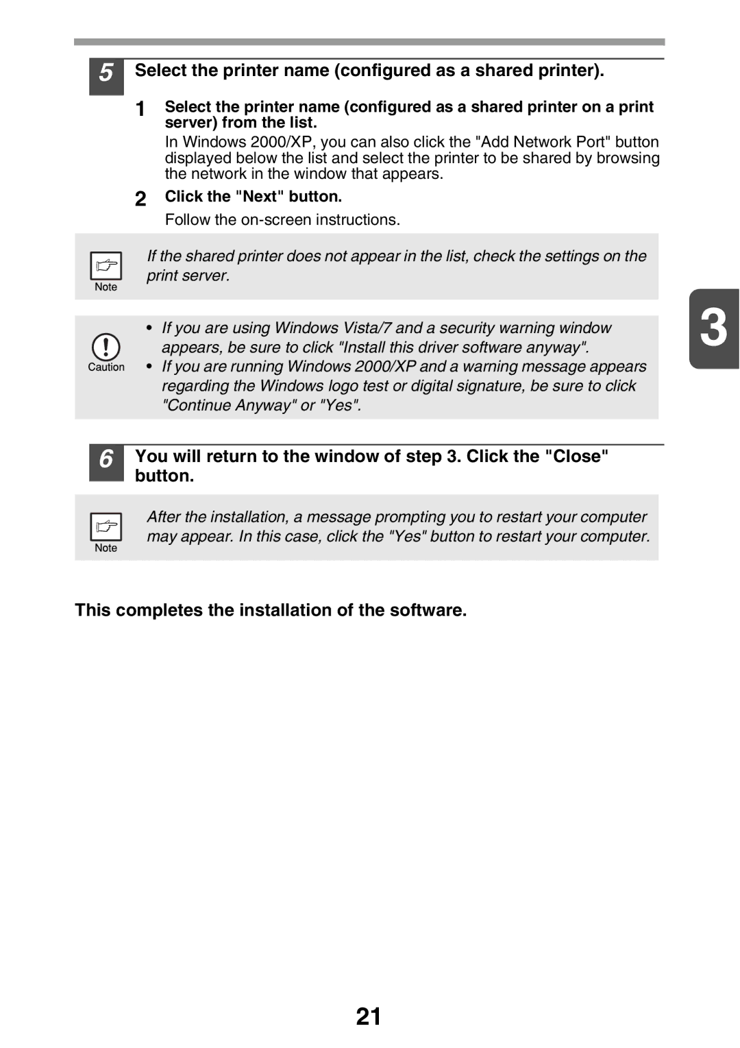 Sharp AL2021, AL2041 manual Select the printer name configured as a shared printer, Click the Next button 